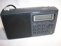 Front view showing LCD display, keypad, speaker grille and controls