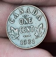 Reverse of 1931 Canada penny showing maple leaf design and date