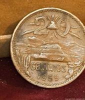 Obverse showing denomination 20, Pyramid of Sun, cactus, date 1959