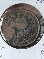 Reverse of 1886 Canadian large cent showing ONE CENT date and wreath