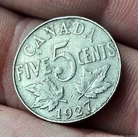 Reverse showing CANADA, large 5, maple leaves, date 1927