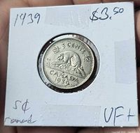 Obverse side of 1939 Canada 5-cent coin in 2×2 holder