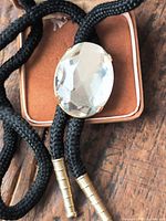 Full view of bolo tie showing stone, cord and tips