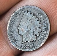 Obverse of 1889 Indian Head cent showing date and Liberty profile