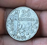 Reverse showing 25 CENTIMES, oak branches, fasces, date 1905