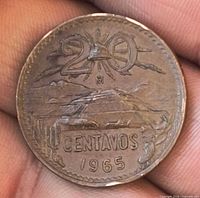 Reverse showing denomination 20 ¢, volcano, pyramid and date 1965