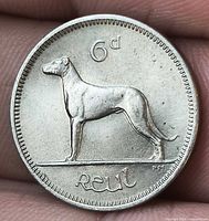 Reverse of 1966 Irish sixpence showing Irish Wolfhound and 6d denomination