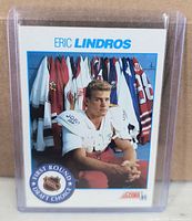 Front of Eric Lindros rookie card in plastic holder