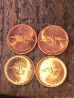 Four 1967 Canadian 1-cent coins reverse side showing rock dove design