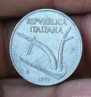 Obverse of 1951 Italian 10 lire coin with plough design and REPUBBLICA ITALIANA legend