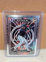 Front of 2022 Panini Donruss Optic Mythical holo card featuring Rafael Devers in plastic sleeve