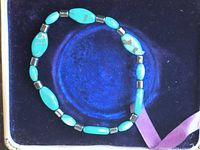 Full view of turquoise and hematite stretch bracelet in box
