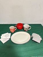 Group shot of platter, mugs, coasters and pads