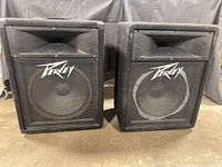 Front view of both Peavey 112 PS speakers showing woofers, horns, grilles