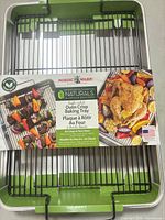 Top view of aluminum tray with rack and packaging