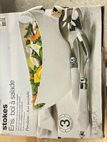 Retail box showing Stokes 3-piece salad bowl set and utensils