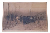 Front view of framed engraving depicting woodland scene