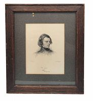 Front view showing portrait, mat and oak frame