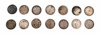 All fourteen coin reverses showing dates and wreath design