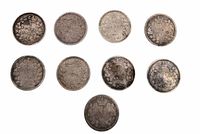 Nine reverse sides showing denomination, date, wreath, crowns