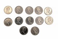 Obverse sides of the ten 1967 5-cent coins