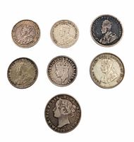 Obverse view of seven coins
