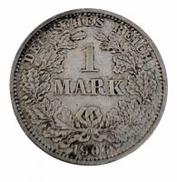 Obverse showing denomination 1 Mark within oak wreath and date 1906