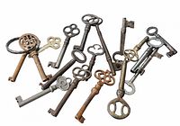 Group view of 14 assorted vintage skeleton cabinet keys