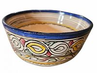 Side profile showing exterior multicolour pattern and blue rim