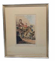 Frontal view of framed etching showing artwork, mat and frame