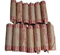 Thirteen wrapped rolls of Canadian pennies.