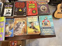 Top view showing eight book covers including Wimpy Kid, Emperor Pickletine, Killer History, Infinity Ring, Guardians of Ga’Hoole, Wolves of the Beyond, Adventures of Huckleberry Finn and No Fixed Address