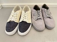 Two pairs of Vans sneakers side by side showing overall appearance and colors