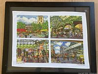 Front view of framed cloth print showing four illustrated panels