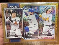 front of Topps gold foil leaders card showing Aaron Judge, Bo Bichette, Jacob Wilson