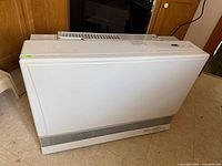 Front view of white Rinnai wall furnace showing overall condition