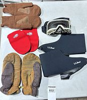 All items laid out: goggles, three pairs of mittens, L.L.Bean boot covers