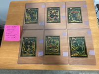 Front view of six bronze metal hockey cards in holders