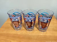 Front view of three Blue Jays player tumblers showing portraits and names