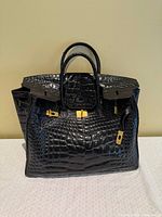 Front view of black crocodile-embossed handbag showing structure and hardware