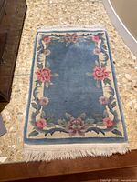 Full view of rug showing design, size and fringes