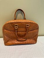 Front view of Suarez ostrich leather handbag showing overall design, handles and hardware