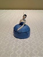 Front view of porcelain powder box showing lady figurine and blue skirt lid