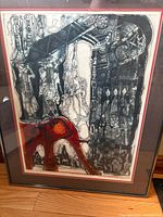 Full view of framed African print showing figures and red elephant
