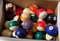 Box containing assortment of numbered pool balls