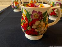 Close-up of one cup showing floral pattern and pedestal base