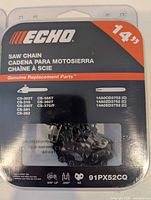 Front of Echo saw chain package showing 14" designation and chain inside
