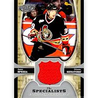 Front view of Jason Spezza game-used patch card showing red jersey swatch and overall condition