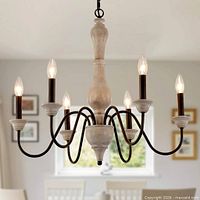 Front view of six-arm chandelier showing wood-look center, black arms, candle sockets and chain