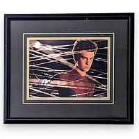 Framed double-matted signed photo showing Garfield as Spider-Man with visible autograph and entire frame